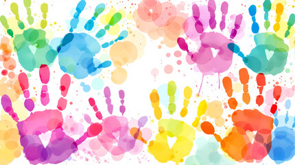 Watercolor pattern color children's handprints on white background