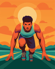 Sports day. Vector bright illustration. Powerful sprinter in the starting position on the running track against the background of the sun. Symbolizes strength, energy. Used in sports, health projects