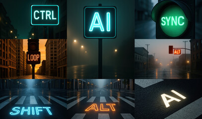 Futuristic AI-powered city with glowing tech signs like CTRL, AI, ALT. Empty streets evoke a world ruled by artificial intelligence. Cold, neon-lit, post-human atmosphere. Collage