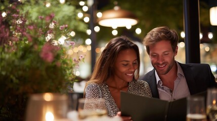 Couple enjoying a romantic dinner at an outdoor restaurant under warm lights during a summer evening