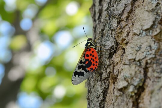 Closeup view of a spotted lanternfly on the trunk of a tree in early autumn, Close up of a spotted lanternfly on the trunk of a tree, nature background