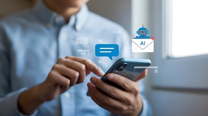 AI chatbot email assistant on smartphone used by casual user at home, managing inbox, voice input, and smart communication via mobile app technology to improve personal productivity and convenience.AI