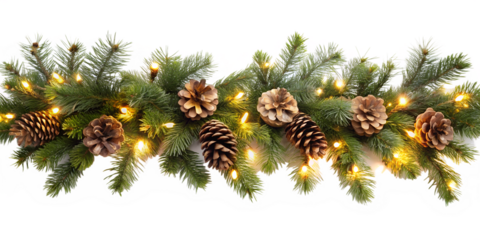 A festive christmas garland with pine cones and glowing lights creates a warm and inviting holiday decoration for the winter season isolated on transparent background