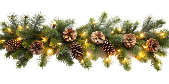 A festive christmas garland with pine cones and glowing lights creates a warm and inviting holiday decoration for the winter season isolated on transparent background