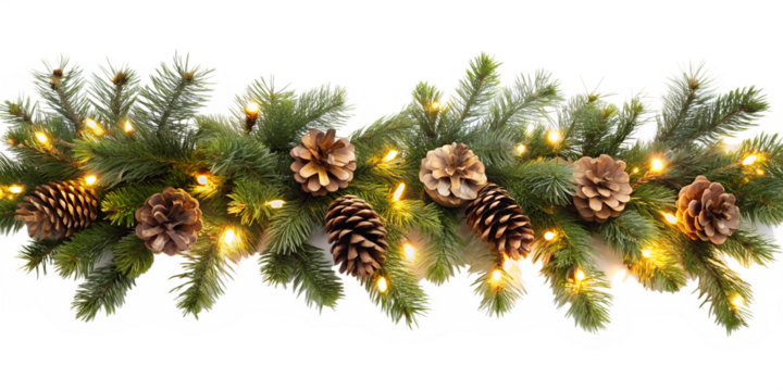 A festive christmas garland with pine cones and glowing lights creates a warm and inviting holiday decoration for the winter season isolated on transparent background - Powered by Adobe
