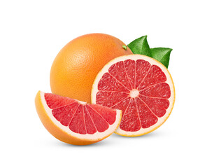 Fresh juicy grapefruits slices isolated.  Whole grapefruit and a cut with leaf.