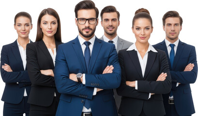 Six professionals in formal business attire with arms crossed a diverse team standing together
