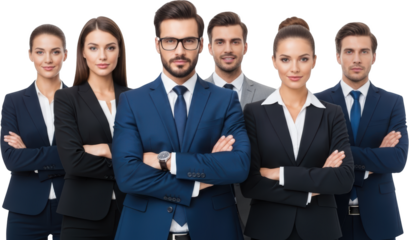 Six professionals in formal business attire with arms crossed a diverse team standing together