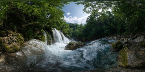 Nature waterfall scene in 360 degrees hdri serene river environment