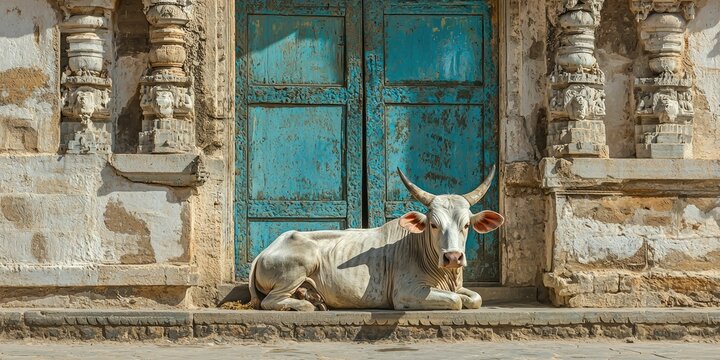A sacred cow resting beside a temple gate