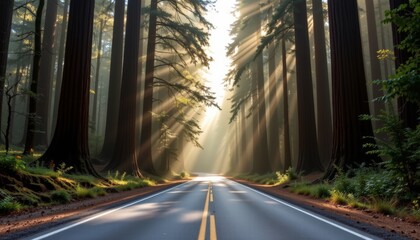 A paved road passes through a majestic redwood forest bathed in soft morning sunlight