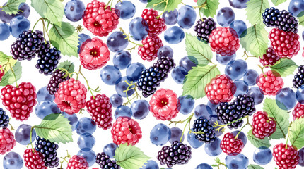 Colorful Berry Pattern With Raspberries, Blueberries, And Green Leaves For Food Design


