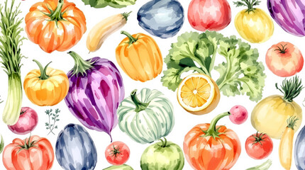 Watercolor Vegetable Pattern With Pumpkins, Tomatoes, Eggplants, and Fresh Greens for Kitchen Decor
