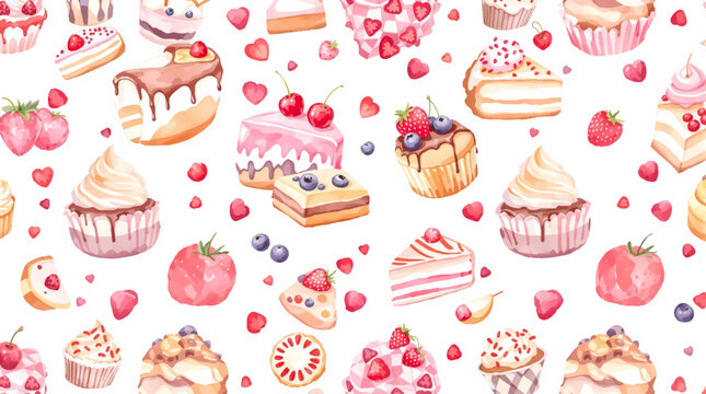 Watercolor Sweet desserts pattern on white background