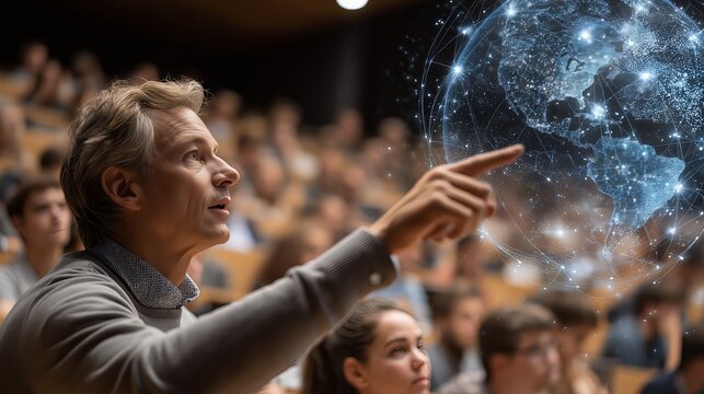 Experienced academic gesturing toward holographic world map, lecturing graduate students in high tech university auditorium about global challenges and innovative learning technologies