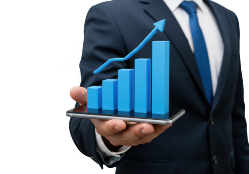 Businessman holding phone displaying upward trending bar graph isolated on transparent background