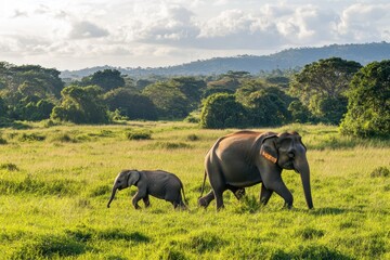 Fototapeta premium Mother and baby elephant wander through lush grasslands of Sri Lanka during golden hour, Sri Lanka safari animals Mother and baby elephant walk in nature reserve