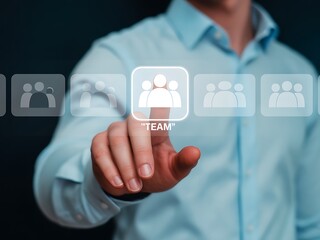 Person touching digital interface with team icon business technology