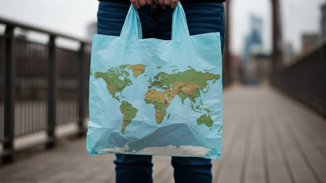 Person holding a shopping bag with world map design