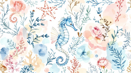 Seamless watercolor pattern of hand drawn nautilus shells and smooth sea pebbles on a white background, Watercolor pattern shells on white background