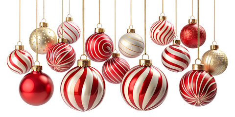 A festive array of red, white, and gold christmas ornaments hanging on delicate gold strings, creating a cheerful holiday scene isolated on transparent background