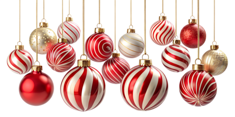 A festive array of red, white, and gold christmas ornaments hanging on delicate gold strings, creating a cheerful holiday scene isolated on transparent background