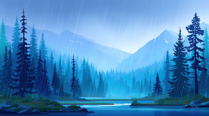 A peaceful lake surrounded by pine trees and mountains during heavy rain, in soft blue tones and moody atmosphere