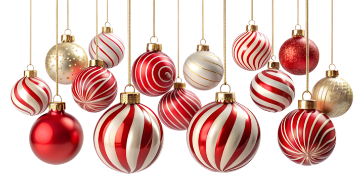 A festive array of red, white, and gold christmas ornaments hanging on delicate gold strings, creating a cheerful holiday scene isolated on transparent background