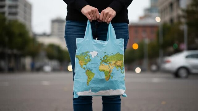 Person holding reusable shopping bag with world map print