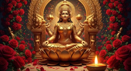 Fototapeta premium Golden Deity Enthroned Amidst Lush Red Roses and Flickering Candlelight