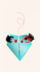 Minimalist digital collage. Top-down view of two people sitting at desks on opposite sides of turquoise paper plane, using red laptops. Concept of remote collaboration and teamwork across departments