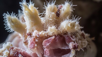 close-up of mold on a curing ham, specifically the beneficial white mold, illustrating a natural and essential part of the aging process for certain types of ham. Macro photography detail with 