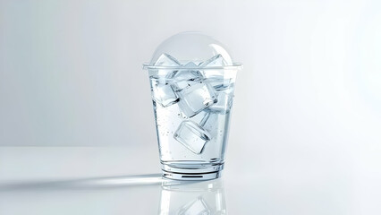 Clear plastic cup filled with water and ice cubes on a white surface with a dome shaped lid on top