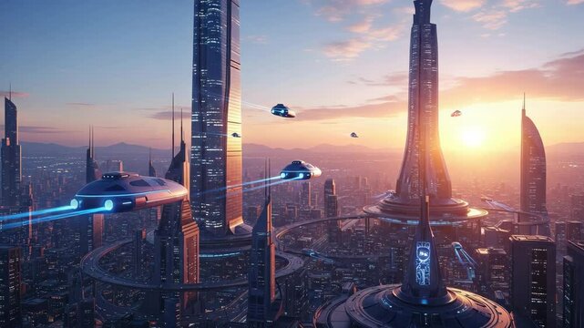 Futuristic cityscape at sunset with hovercraft and skyscrapers high resolution digital artwork technology modern architecture aerial city view