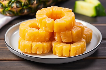 bright yellow sliced mango rolls stacked neatly on plate with garnish
