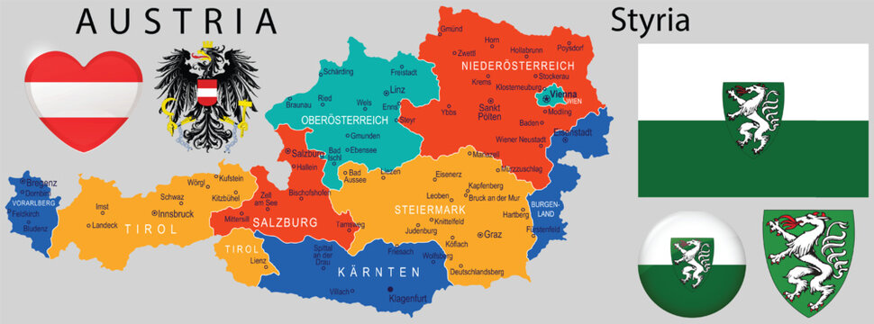 Updated vector of Styria Austria coat of arms, flag and map. Latest version for Austrian themed designs, education, and regional identity projects.