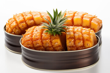 ripe cubed mangoes arranged in two stacked bowls with leaf garnish