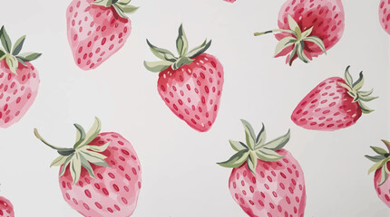 Watercolor strawberry pattern with ripe red berries and green leaves on a  background