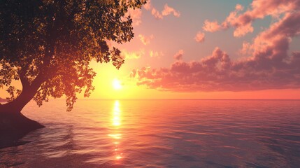 Serene Sunset by the Ocean: A Tranquil Coastal Scene