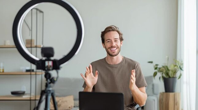 Confident man giving a remote presentation on a video call, with a visible ring light and casual yet professional setup &mdash; ideal for business, online meetings, webinars, and remote-work visuals.
