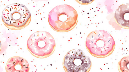 Donuts seamless pattern. Watercolor doughnuts. Chocolate, pink, green, white donuts. Pattern for a kitchen, textile.