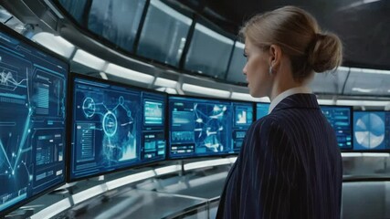 Woman Analyzing Data on Multiple Computer Screens in Control Room - Powered by Adobe