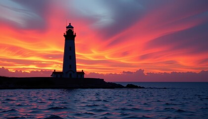 Stunning Lighthouse at Sunset with Colorful Sky and Ocean Waves Reflection
