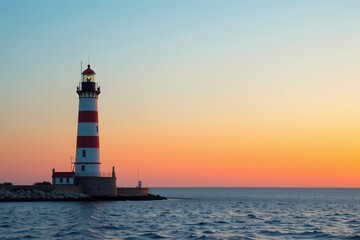 Striking Lighthouse at Sunset Over Calm Water with Colorful Sky Gradients