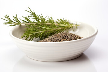 bowl of dried rosemary and thyme herbs for cooking on white background