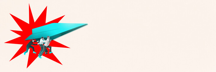 Surreal cutout collage. Three men push a turquoise paper plane across a red explosion shape on a light background. Concept of business teamwork, coworking