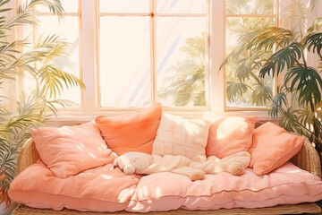 soft and cozy indoor sitting area with cushions and morning light through window