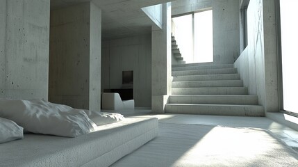 Fototapeta premium Sunlit minimalist concrete home interior featuring a low platform bed, stairs, and large windows