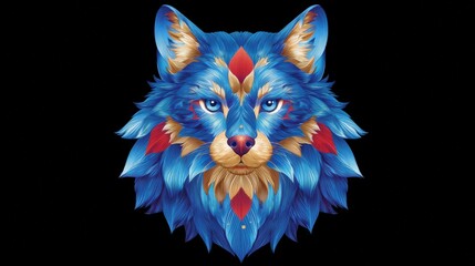 Obraz premium A striking blue fox with vibrant red and yellow feathers displaying bold colors in a sleek art design