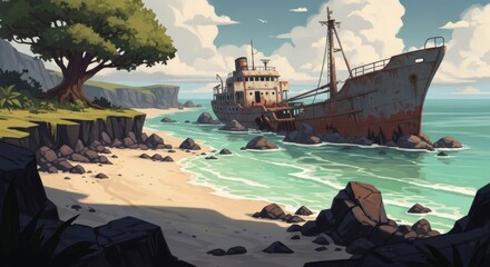 Obraz premium Rusty shipwreck resting on a sandy beach surrounded by turquoise ocean water and lush green cliffs under a cloudy sky